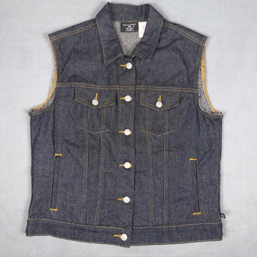 Y2K Polo Jeans Co‎ Ralph Lauren Rhinestone Flag Denim Vest Dark Wash XL